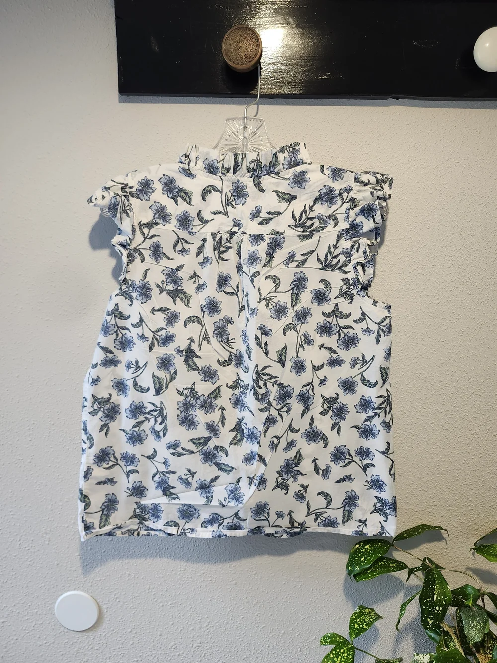 J. Crew Cream Sleeveless Ruffle Floral Camisole with Blue Print